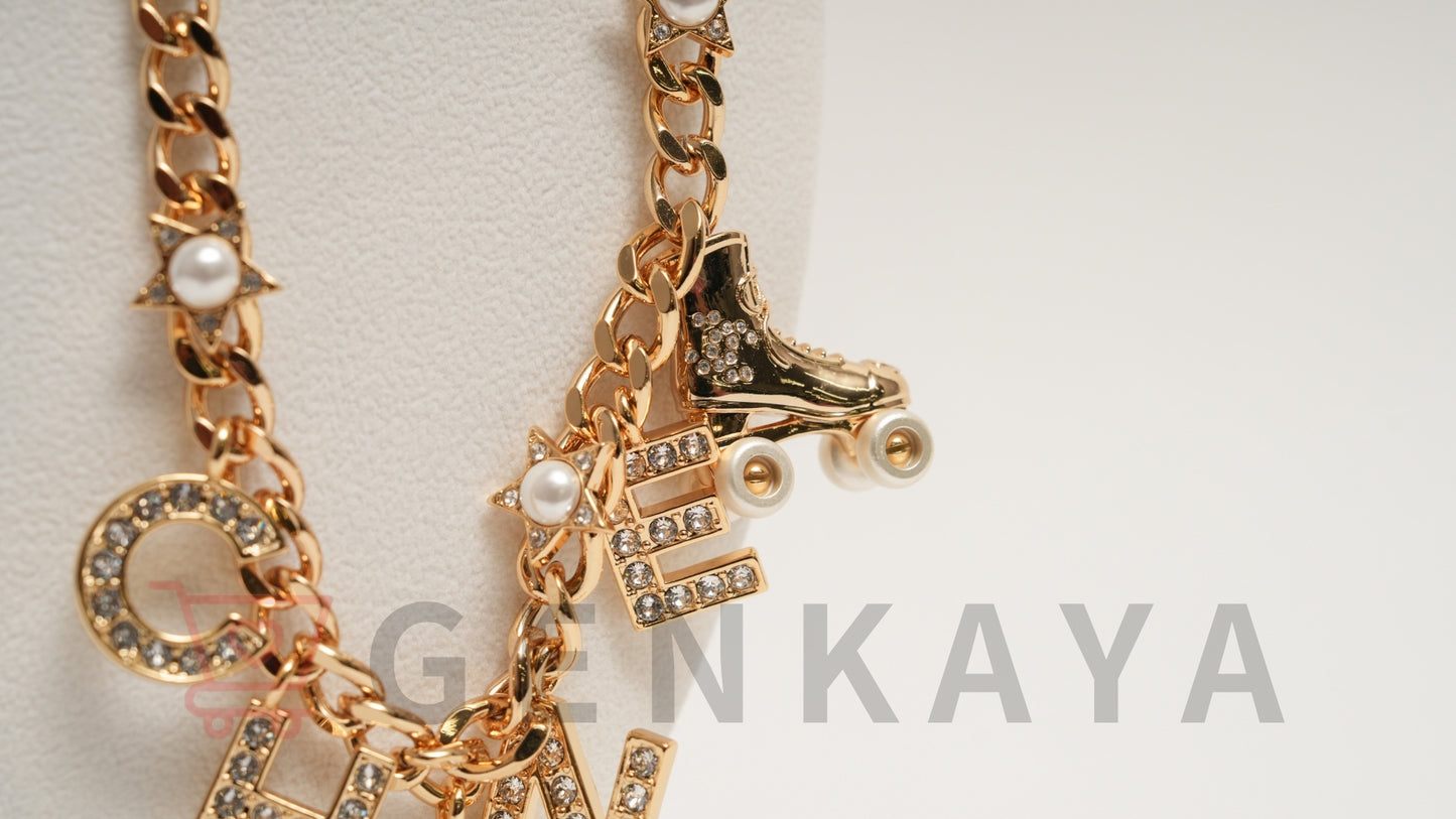 CHANEL C24C GP ロゴ ラインストーン チョーカー ローラスケート ネックレス ゴールド