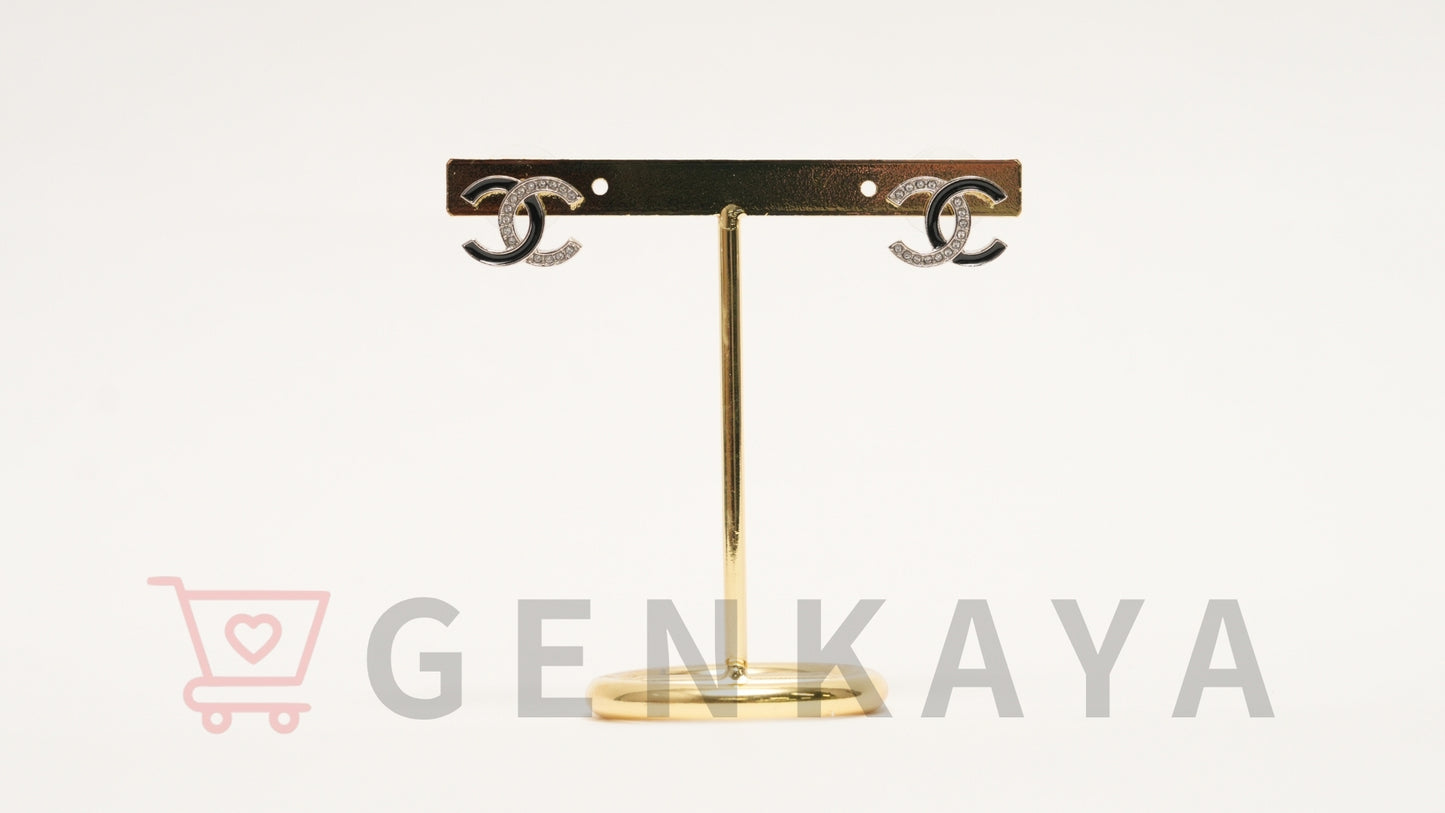 CHANEL ココマーク ラインストーン ピアス B25S シルバー×ブラック