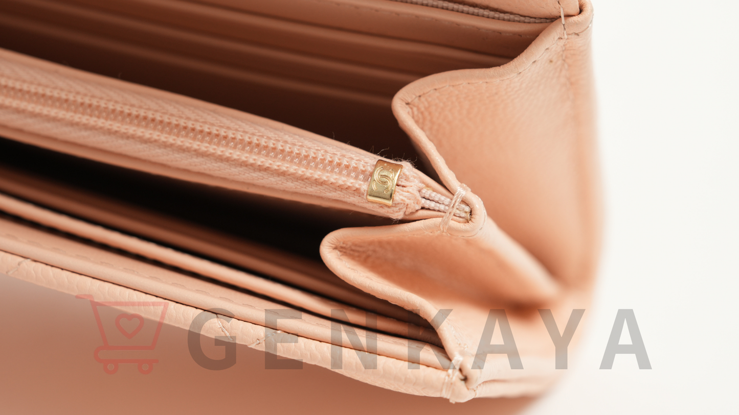 CHANEL マトラッセ キャビアスキン ロングウォレット ピンクベージュ