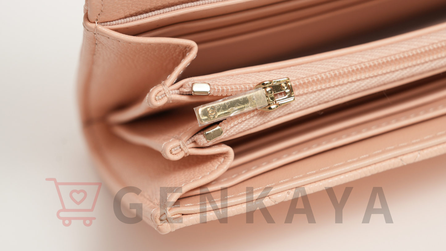 CHANEL マトラッセ キャビアスキン ロングウォレット ピンクベージュ