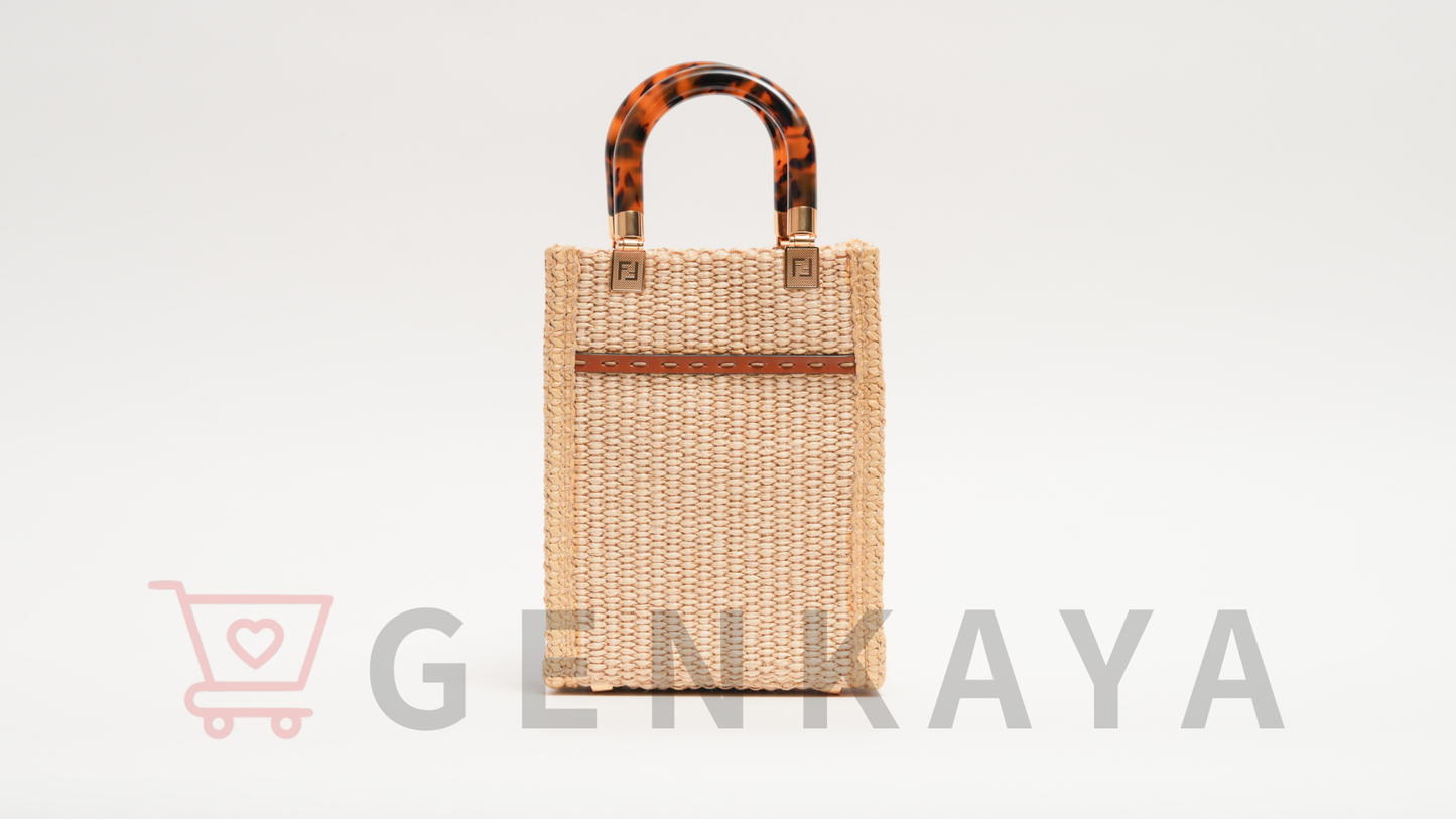 FENDI サンシャイン ショッパー ミニ ラフィア×レザー 2WAYショルダーバッグ ブラウン×ベージュ 8BS051