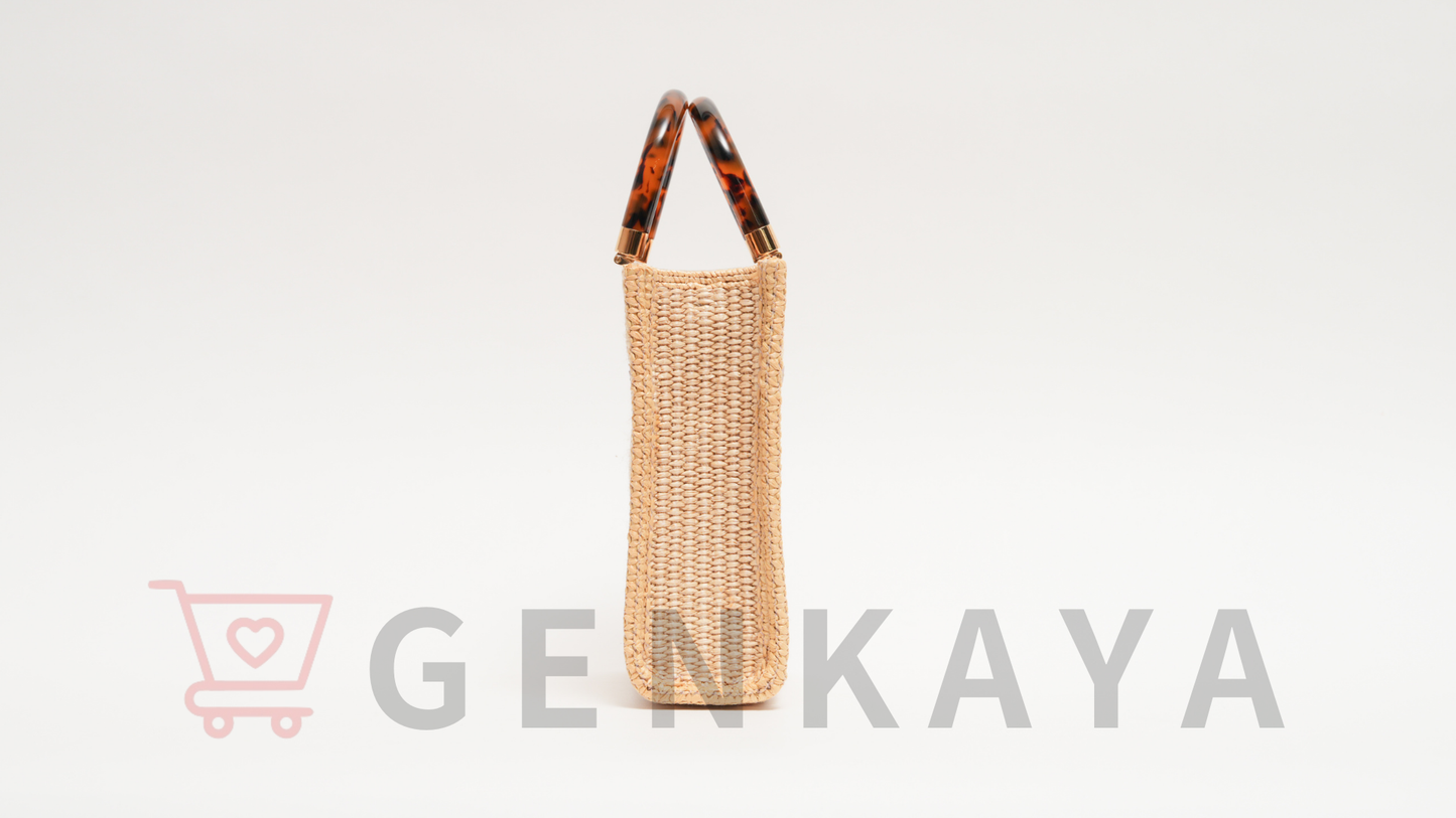 FENDI サンシャイン ショッパー ミニ ラフィア×レザー 2WAYショルダーバッグ ブラウン×ベージュ 8BS051