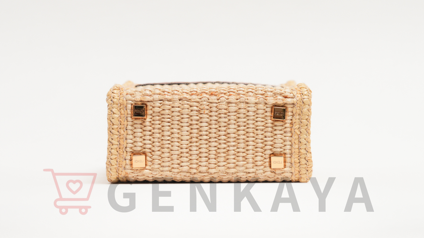 FENDI サンシャイン ショッパー ミニ ラフィア×レザー 2WAYショルダーバッグ ブラウン×ベージュ 8BS051