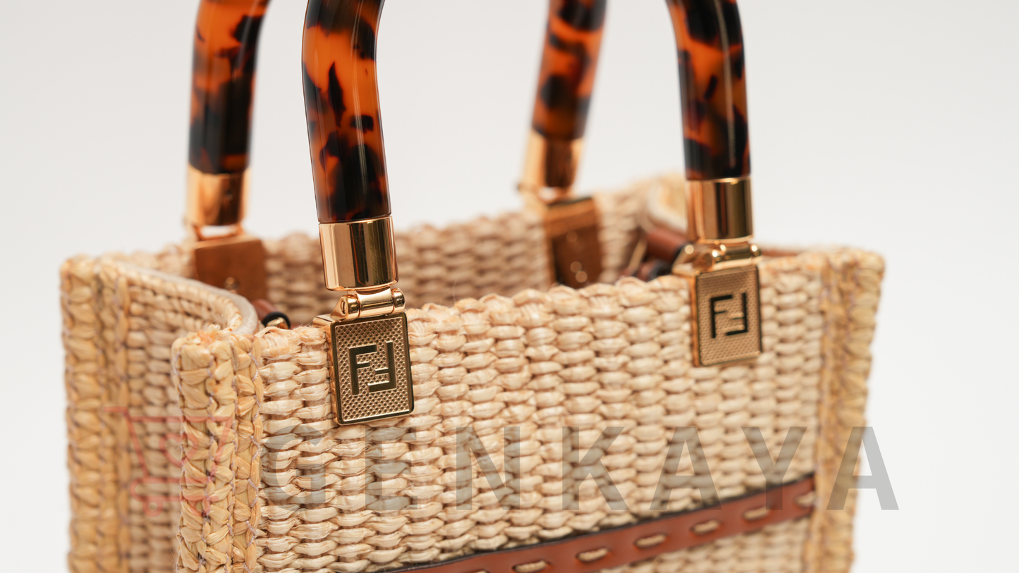 FENDI サンシャイン ショッパー ミニ ラフィア×レザー 2WAYショルダーバッグ ブラウン×ベージュ 8BS051