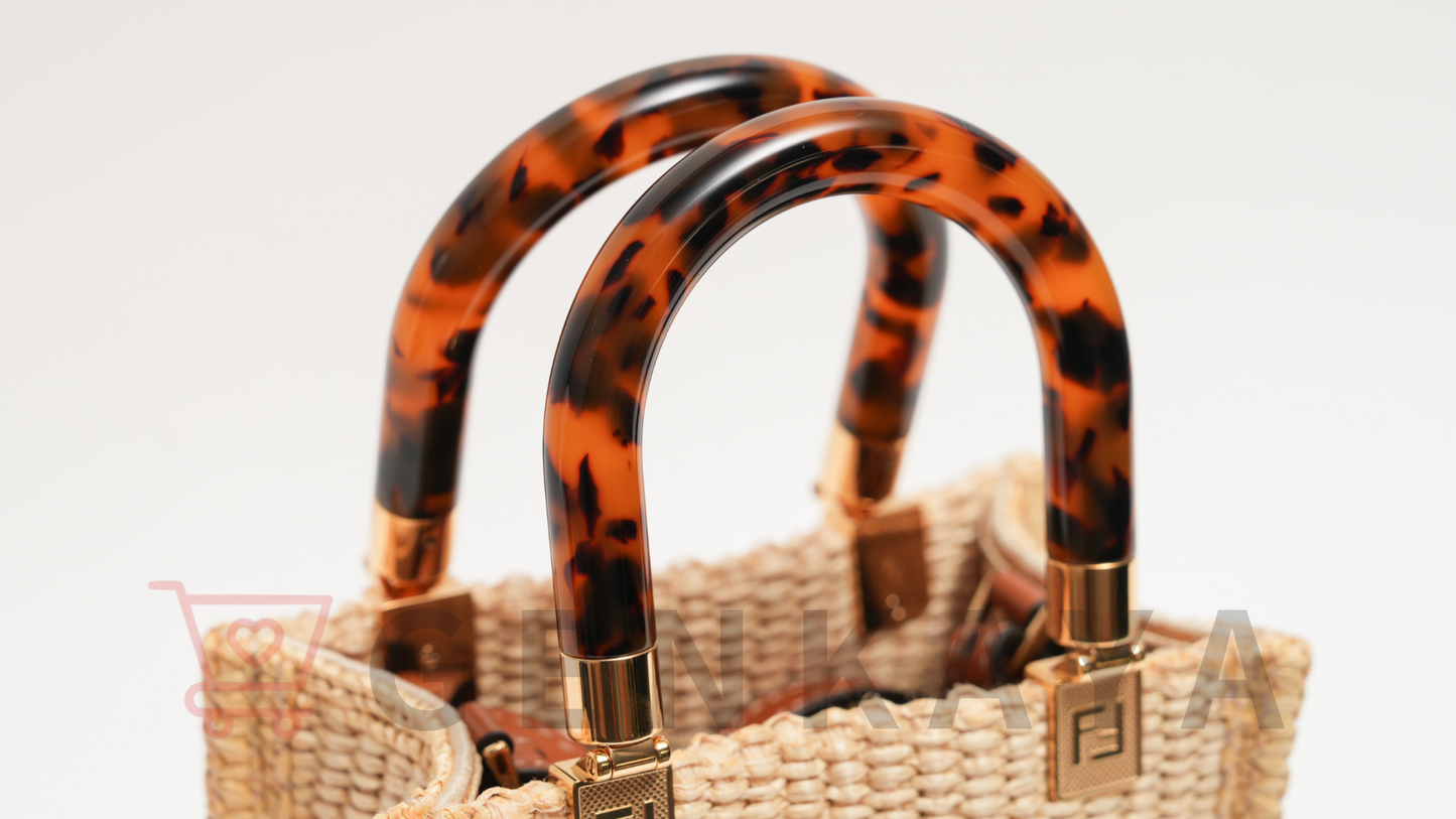 FENDI サンシャイン ショッパー ミニ ラフィア×レザー 2WAYショルダーバッグ ブラウン×ベージュ 8BS051