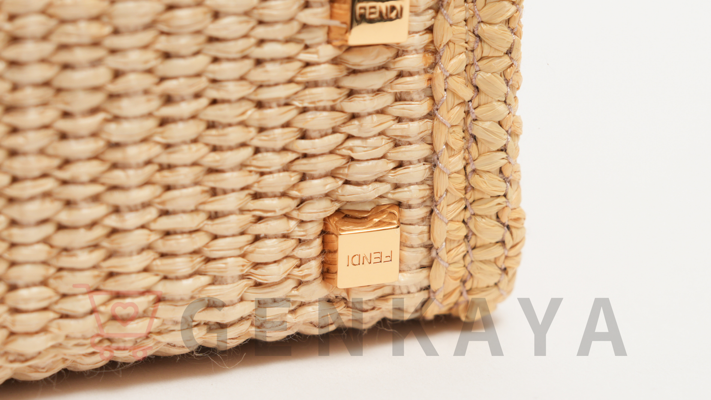 FENDI サンシャイン ショッパー ミニ ラフィア×レザー 2WAYショルダーバッグ ブラウン×ベージュ 8BS051