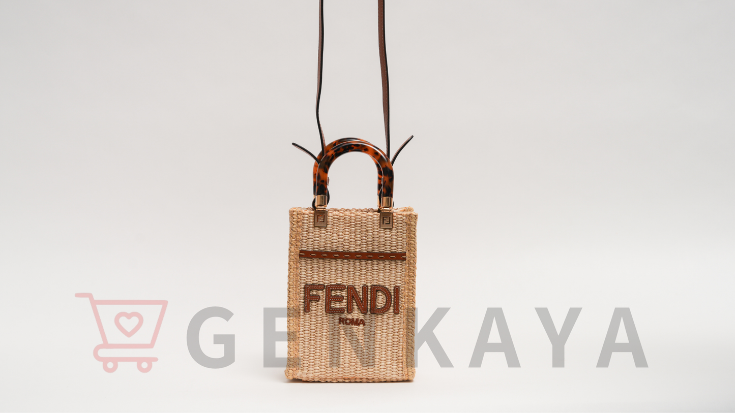 FENDI サンシャイン ショッパー ミニ ラフィア×レザー 2WAYショルダーバッグ ブラウン×ベージュ 8BS051